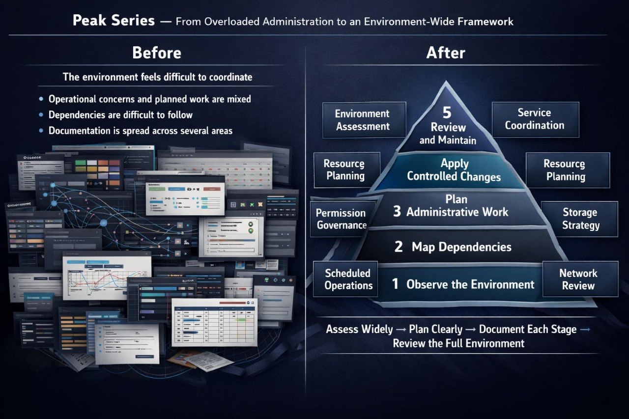 A dark presentation slide titled 'Peak Series — From Overloaded Administration to an Environment-Wide Framework,' comparing a chaotic 'Before' state with a structured 'After' pyramid process. The left side shows multiple computer screens with mixed interface windows and cluttered layouts, while the right side displays a blue layered pyramid with labeled stages such as Environment Assessment, Service Coordination, Resource Planning, and Network Review.