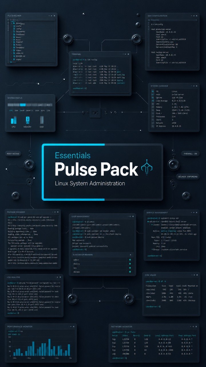 Digital cover art for a Linux system administration essentials pack, featuring a dark futuristic interface layout with multiple dark terminal windows, charts, and a central title card reading 'Essentials Pulse Pack Linux System Administration'.