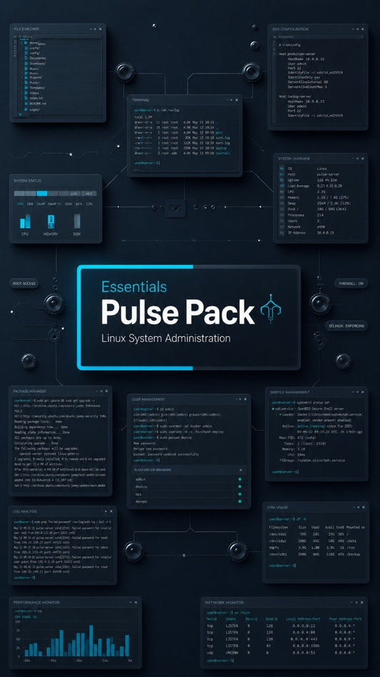 Digital cover art for a Linux system administration essentials pack, featuring a dark futuristic interface layout with multiple dark terminal windows, charts, and a central title card reading 'Essentials Pulse Pack Linux System Administration'.