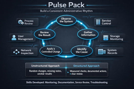 An infographic titled 'Pulse Pack' on a dark blue background, showing a circular workflow with labeled boxes such as 'Observe the System,' 'Review the Result,' 'Apply a Controlled Change,' 'Gather Information,' 'Identify the Cause,' and 'Service Control,' plus side categories like 'User Management,' 'Network Inspection,' and 'Storage Monitoring.'.
