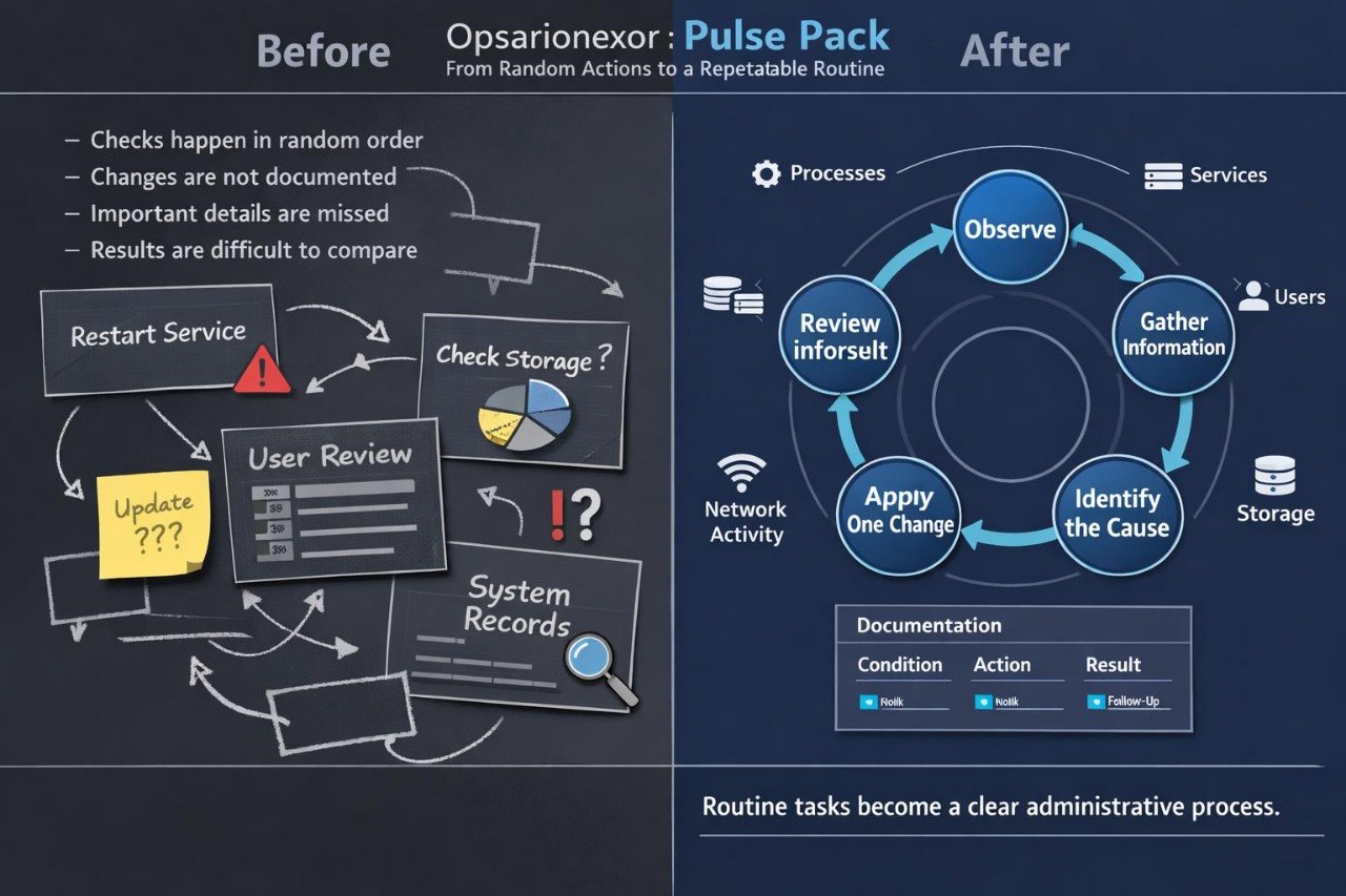 A digital infographic comparing a chaotic 'Before' state with an organized 'After' state using the Opsarionexor 'Pulse Pack' methodology. The left side, on a dark chalkboard background, shows messy, random task lists like restarting services and checking storage.