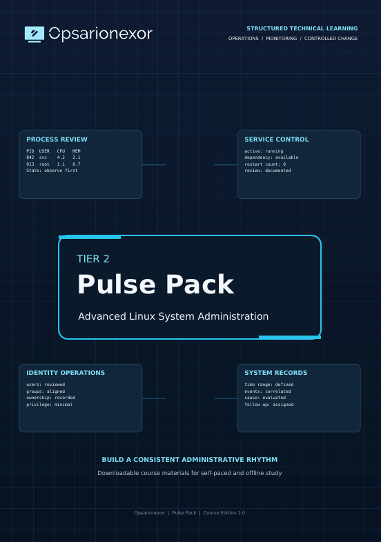 A digital cover graphic for 'Tier 2 Pulse Pack' by Opsarionexor, featuring a dark navy blue grid background with a central cyan-outlined box containing the title 'Pulse Pack' and surrounding text blocks for process review, service control, identity operations, and system records.
