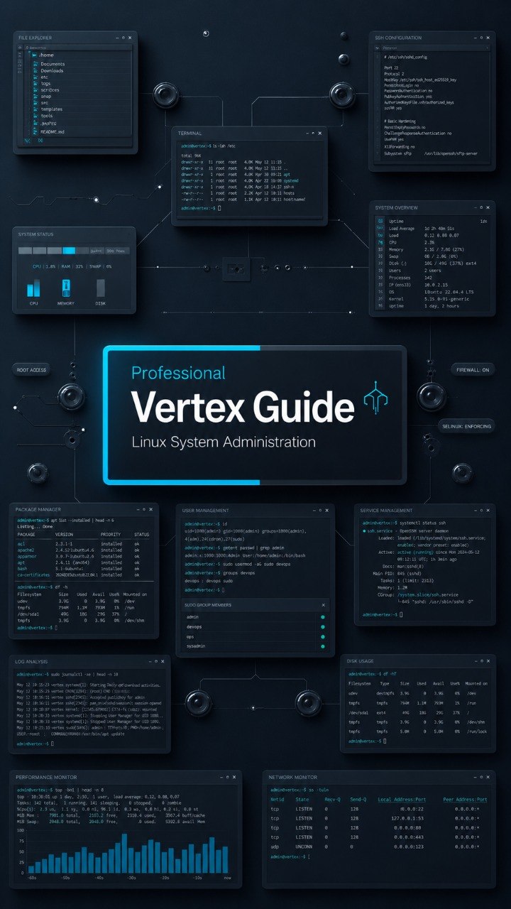 A dark digital cover design for a guide titled 'Professional Vertex Guide Linux System Administration,' with multiple code panels and interface cards arranged on a black background.