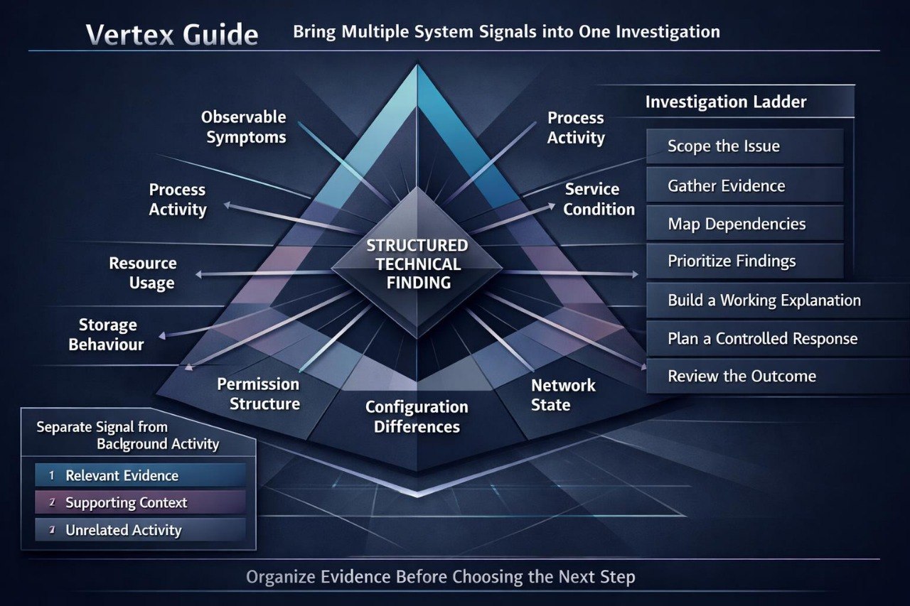 A dark blue technical infographic titled 'Vertex Guide' showing a pyramid labeled 'Structured Technical Finding' with radiating categories such as Observable Symptoms, Process Activity, Service Condition, Permission Structure, and Configuration Differences. A right-side panel lists investigation ladder steps, and a small inset explains separating signal from background activity.