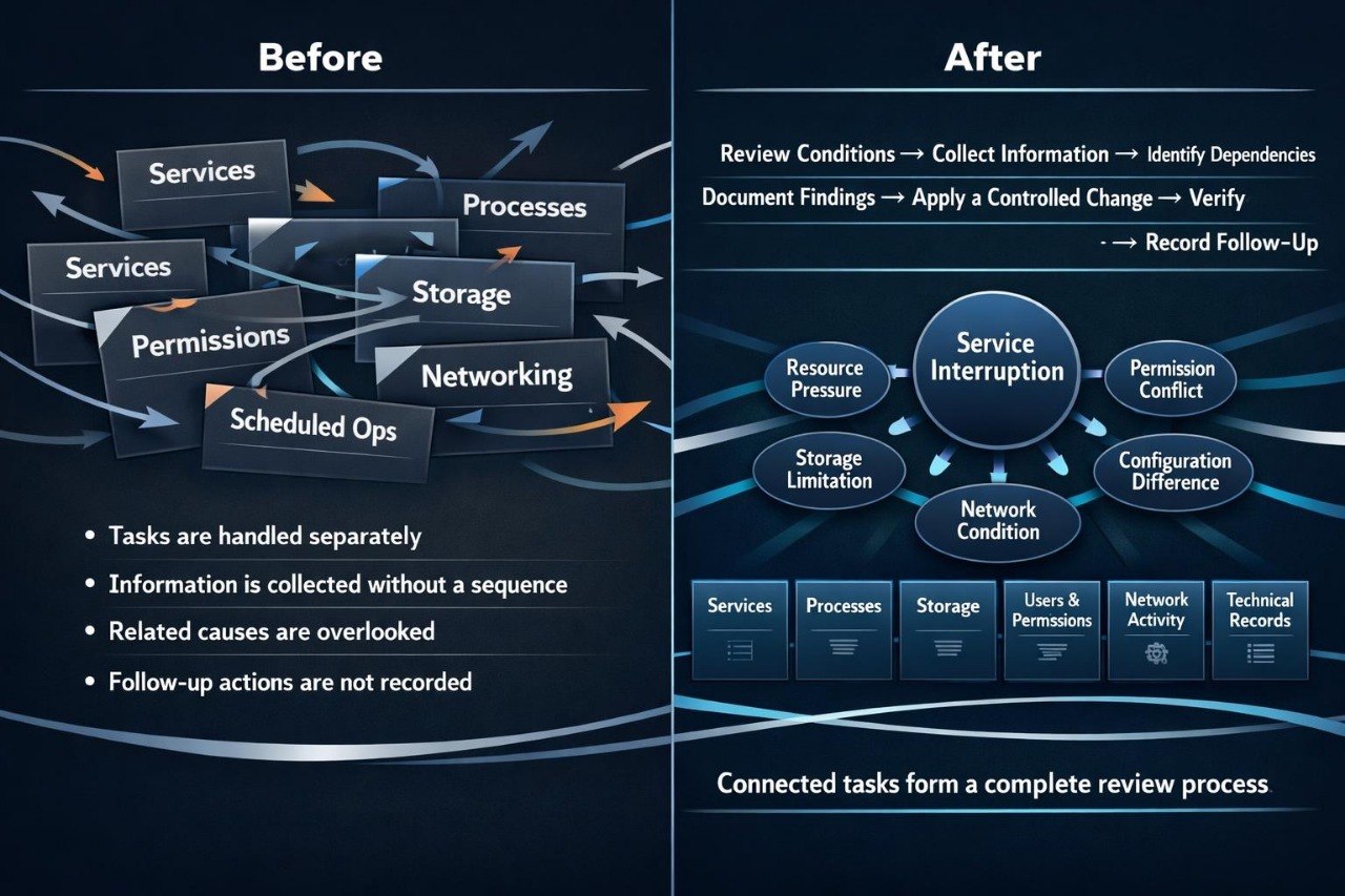 A side-by-side comparison diagram labeled 'Before' and 'After' on a dark blue background. The left 'Before' section shows a tangled workflow with boxes for Services, Processes, Storage, Networking, and Scheduled Ops, with arrows connecting them.