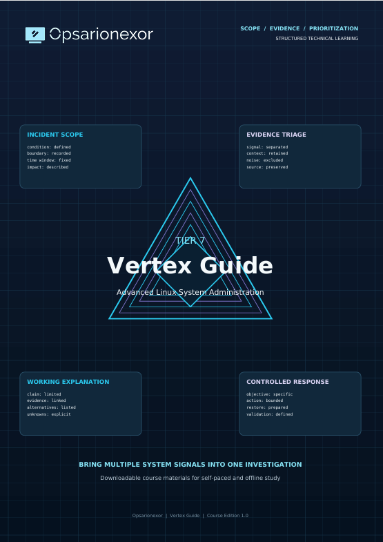 A dark blue technical guide cover titled 'Vertex Guide' with the Opsarionexor logo at the top and five labeled panels around a central triangular outline.