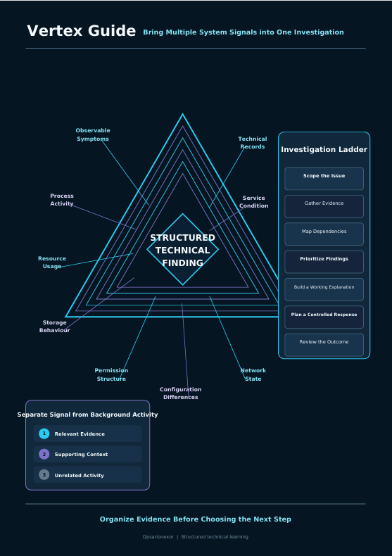 A dark navy technical infographic titled 'Vertex Guide' with layered triangular diagrams, labeled terms such as 'Structured Technical Finding,' 'Investigation Ladder,' and 'Separate Signal from Background Activity.'.